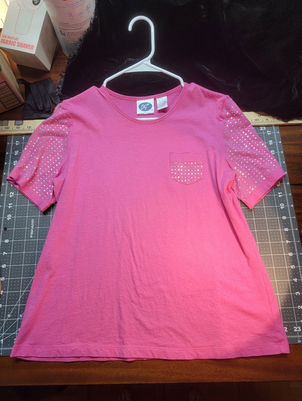 DG2 by Diane Gilman Pink Short Sleeve Tee with Diamond-Studded Sleeves & Pocket